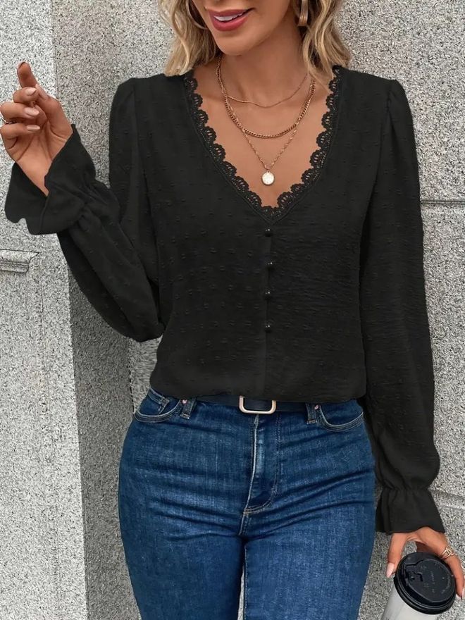 Janes Elegant Black Blouse With Ruffle Sleeves Wholesale Clothing Casual