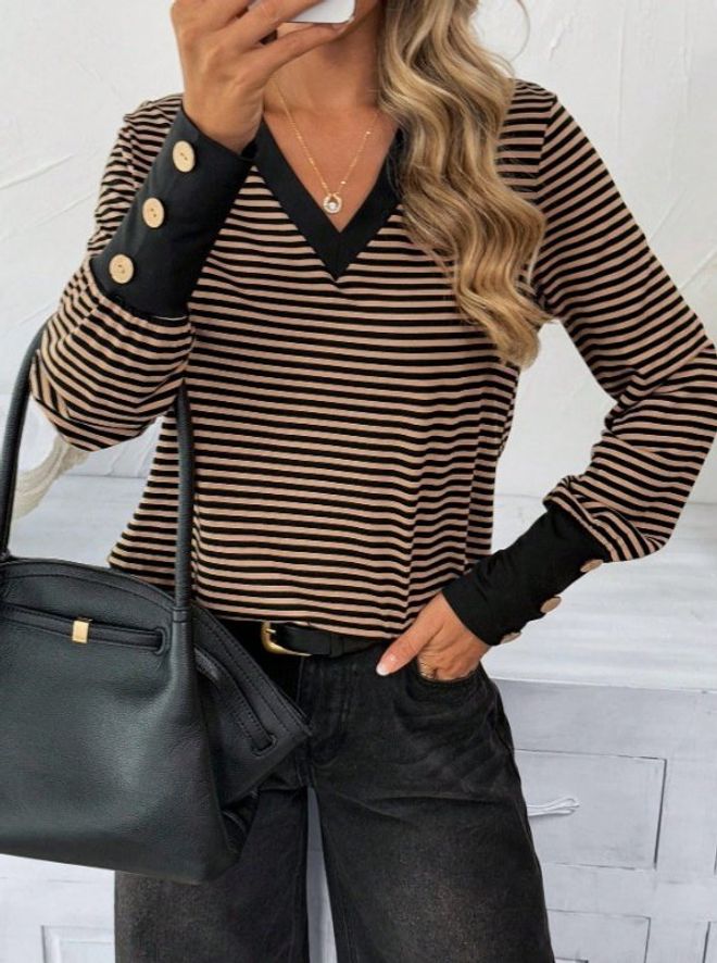Janes Μαύρο Casual Κομψό Ριγέ V Neck Μπλούζα Χονδρικό εμπόριο ενδυμάτων Casual