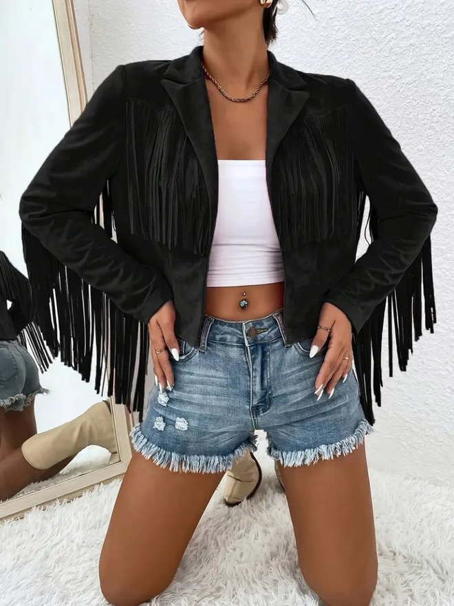 Janes Preto Jaqueta Sobrecamisa Com Colar Entalhado Roupas por atacado Casual