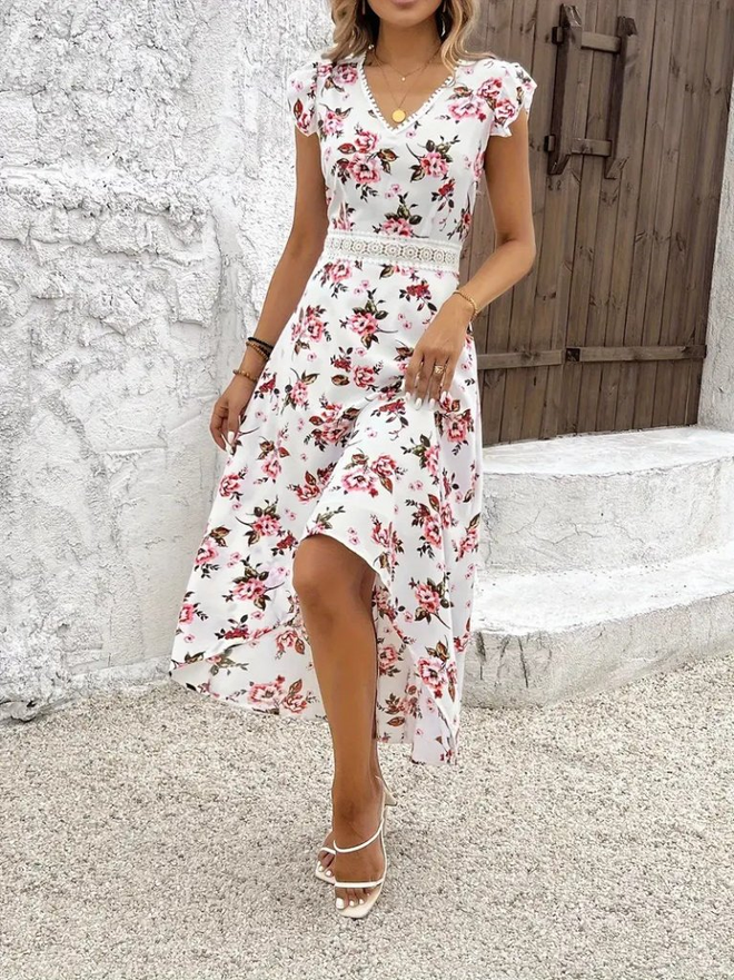 Janes Witte Bloemen A lijn Jurk Met Mouwen Met Ruches V hals En Midi Lengte Groothandel Kleding Casual