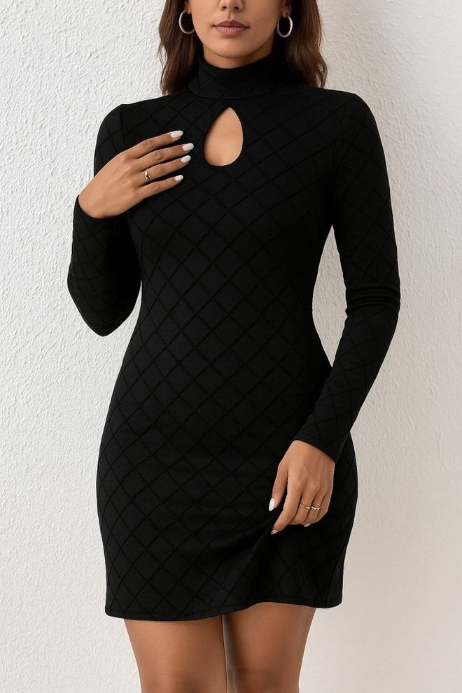 Janes Black Checkered Sheath Mini Dress With Long Sleeves Wholesale Clothing Casual