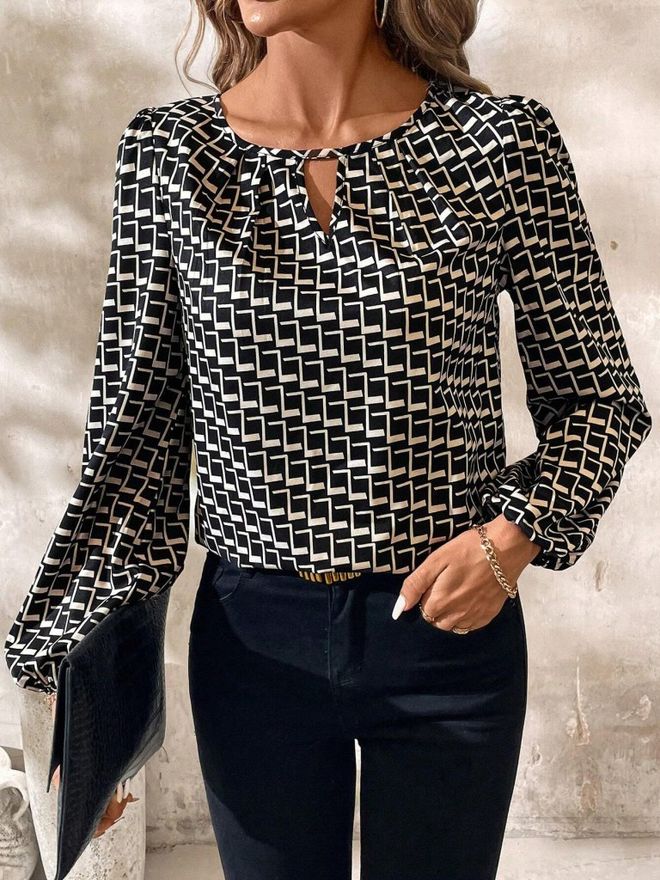 Janes Schwarze Geometrische Bluse Mit Ballonärmeln Formal Großhandelskleidung Lässig
