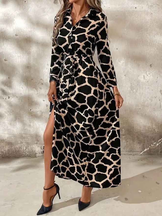 Janes Zwarte Maxi Hemdjurk Met Dierenprint Groothandel Kleding Casual