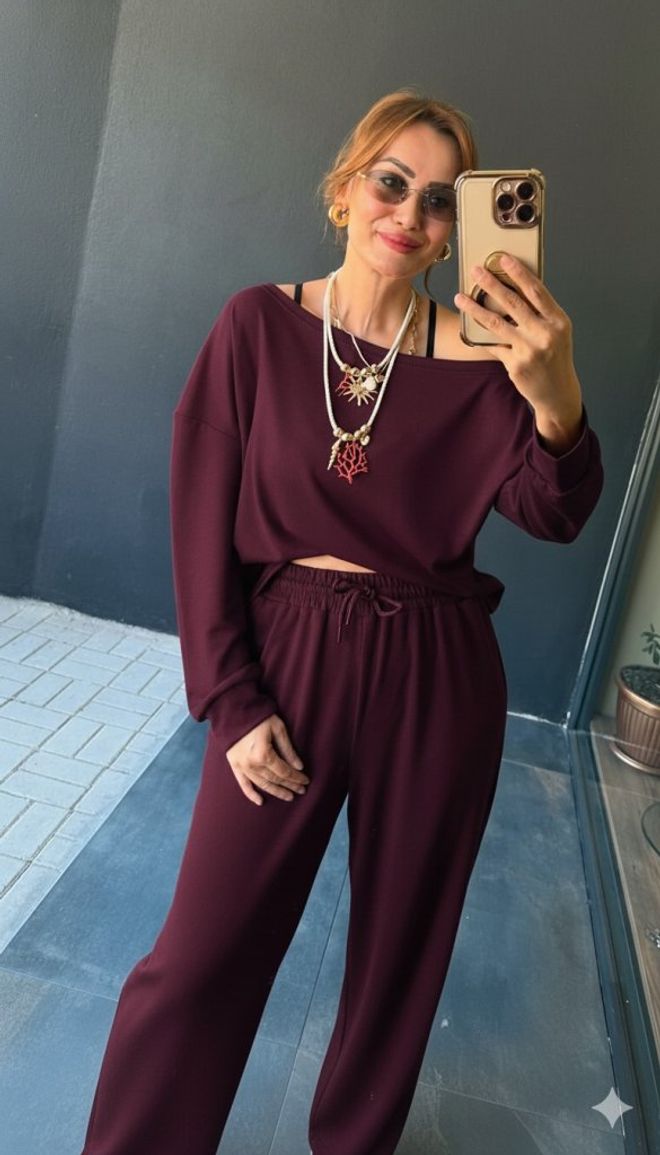 Janes Set Bordo Gündelik Spor Giyim Toptan Giyim Gündelik