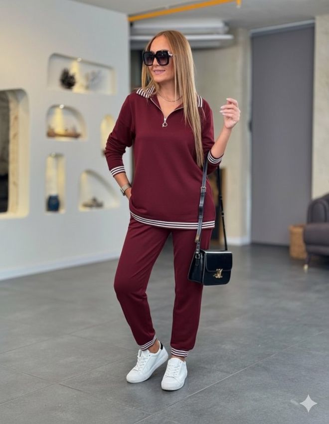 Janes Set Bordeaux Casual Sportivo Con Zip E Pantaloni Tapered Abbigliamento all'ingrosso Casuale