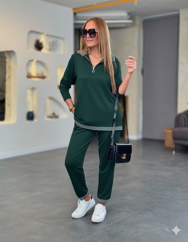 Janes Žalia Kasdienė Sportinė Modestiška Užtrauktuko Jogger Rinkinys Didmeninė prekyba drabužiais Apykaklė su įkirpimu