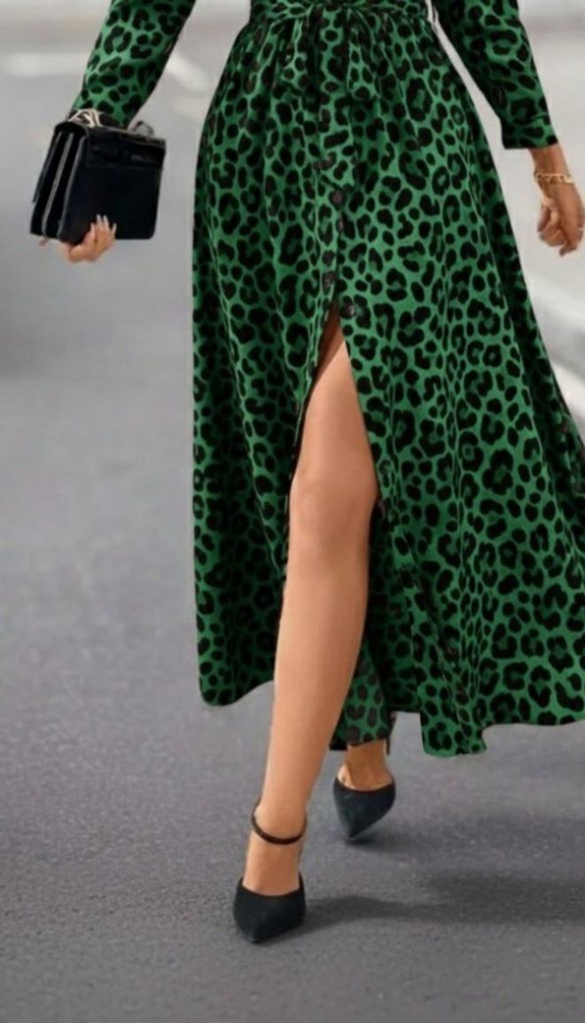 Janes فستان أخضر بطبعة ليوبارد بتصميم لف ماكسي ملابس بالجملة عمل