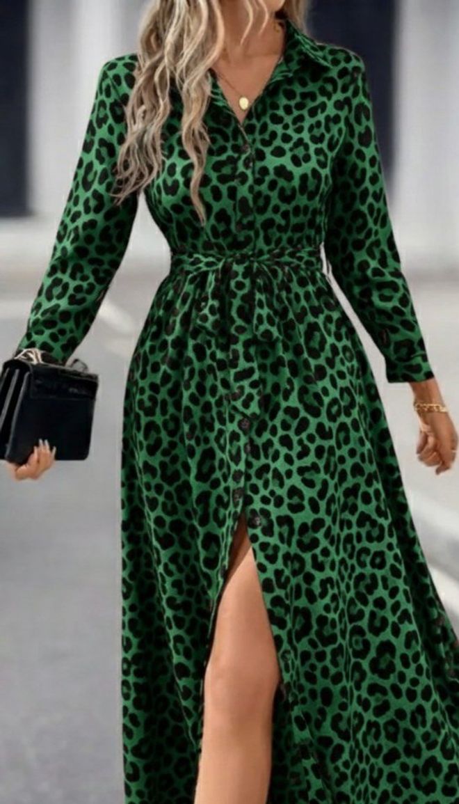 Janes فستان أخضر بطبعة ليوبارد بتصميم لف ماكسي ملابس بالجملة 1