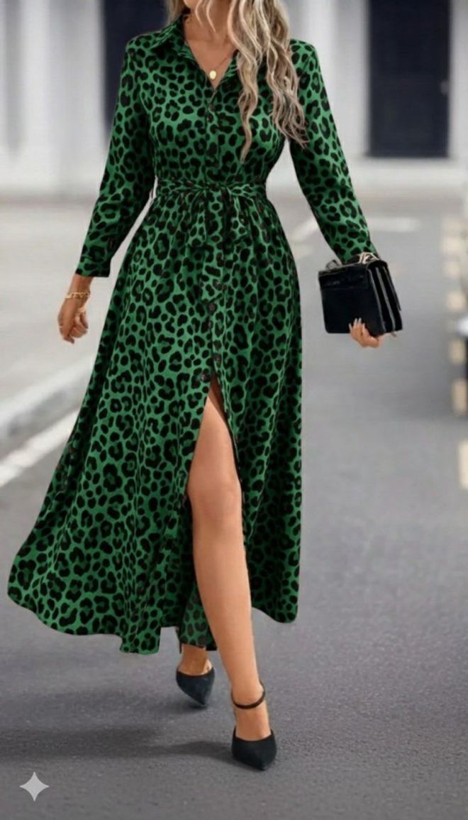 Janes فستان أخضر بطبعة ليوبارد بتصميم لف ماكسي ملابس بالجملة ربيع