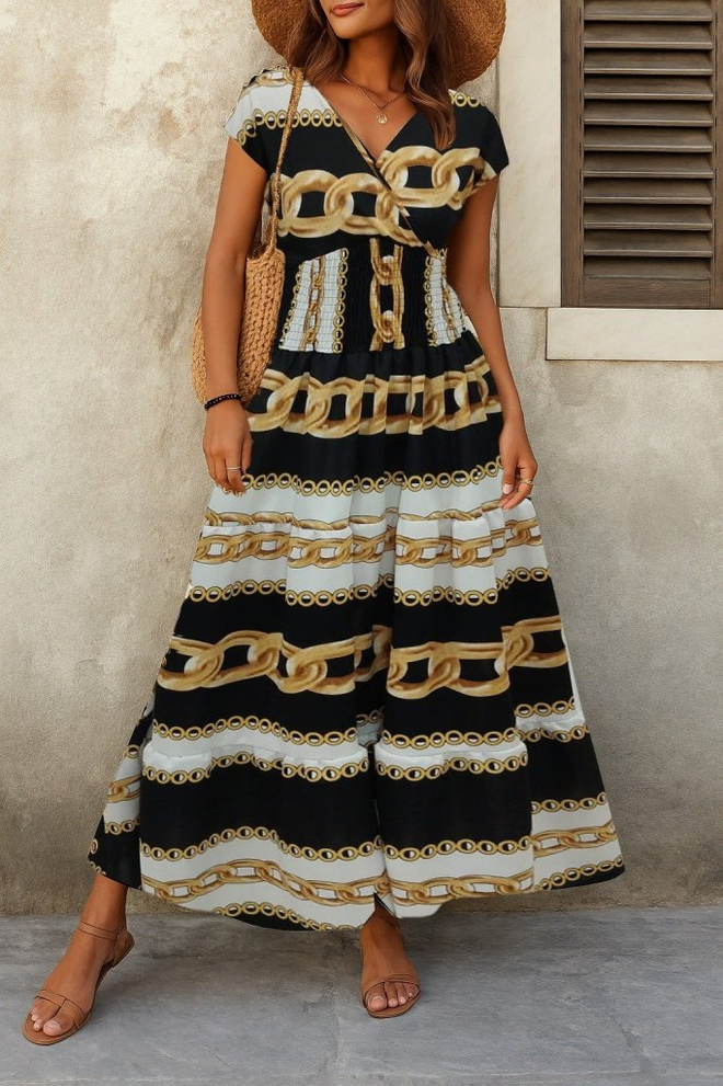 Janes Μαύρο Wrap Μάξι Φόρεμα Με V neck Και Κοντό Μανίκι Χονδρικό εμπόριο ενδυμάτων Casual