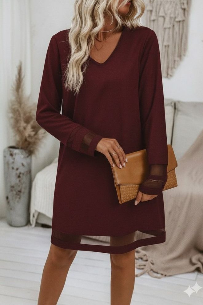 Janes Bordo V Yaka Düz Diz Hizasında Uzun Kollu Elbise Toptan Giyim Gündelik