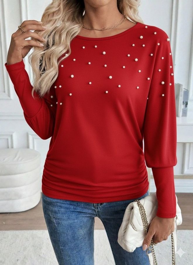 Janes Kırmızı Balon Kol Bluz Yuvarlak Yaka Toptan Giyim Gündelik