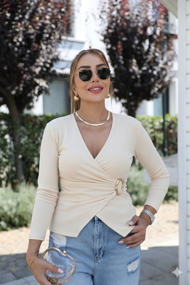 Janes Bej Dar Kalıp V Yaka Gündelik Zarif Bluz Toptan Giyim Gündelik