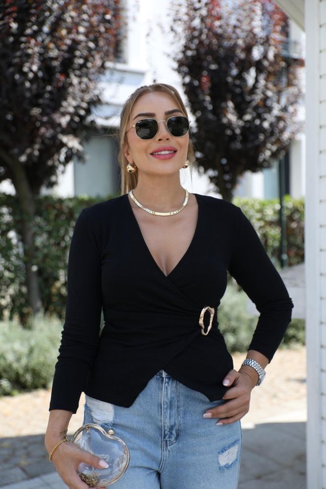 Janes Siyah Dar Kalıp V Yaka Bluz Uzun Kollu Toptan Giyim Gündelik