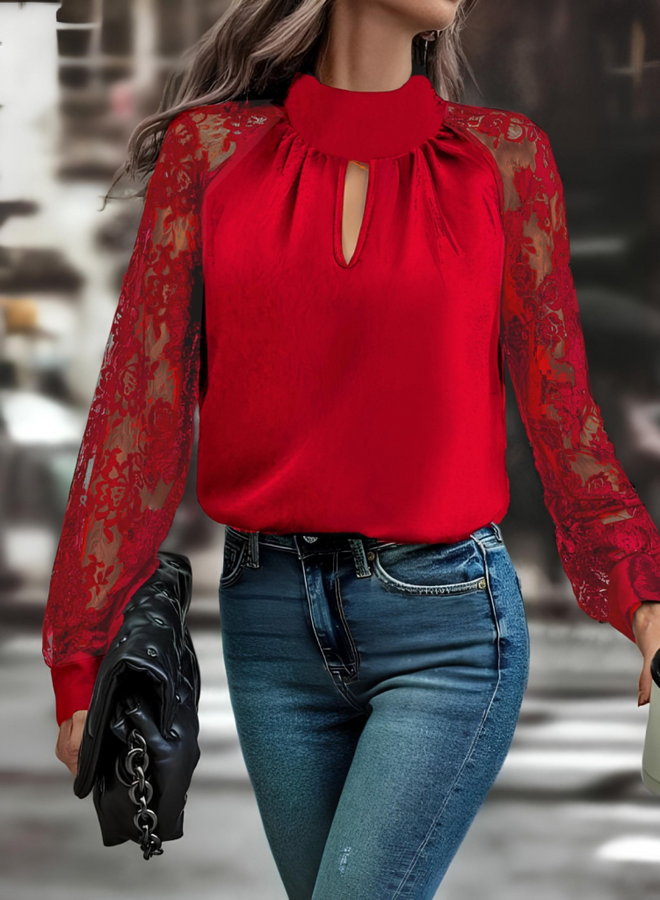 Janes Kırmızı Zarif Çiçekli Bluz Balıkçı Yakalı Toptan Giyim Nostaljik