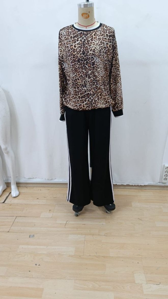 Janes Set Schwarz Leopardenmuster Palazzo Großhandelskleidung Arbeit