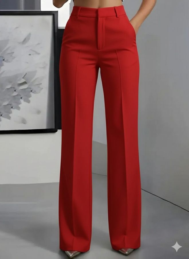 Janes Zarif Kırmızı Pantolon Yüksek Bel Geniş Paça Fermuarlı Toptan Giyim Resmi