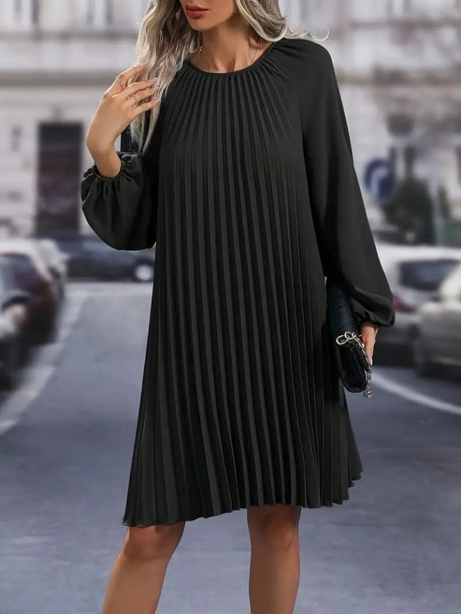 Janes Elegancka Czarna Sukienka W Kształcie Litery A Z Długim Rękawem Hurtowa sprzedaż odzieży Skromny