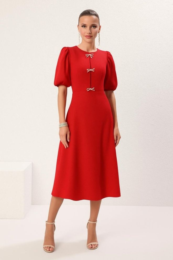 Janes Kırmızı Zarif A Kesim Midi Elbise Karpuz Yarım Kollu Toptan Giyim Tesettür