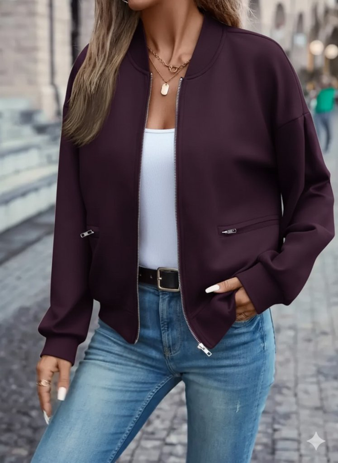 Janes Ženska Modalna Jakna Od Šljive Sa Dugim Rukavima Sa Prednjim Džepovima Sa Patentnim Zatvaračem Damson Boja Велепродаја одеће 0