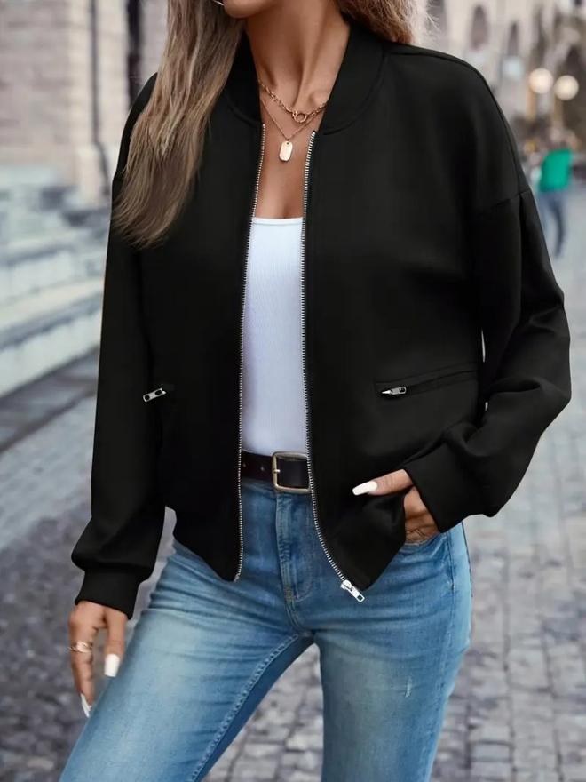 Janes Ženska Modalna Jakna Sa Dugim Rukavima Sa Prednjim Džepovima Sa Zatvaračem Crna Велепродаја одеће 0