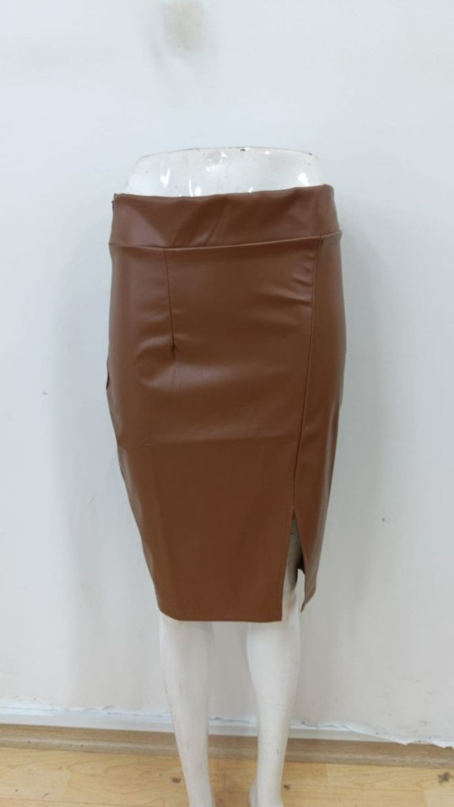 Janes Kahverengi Yüksek Bel Midi Yırtmaçlı Etek Toptan Giyim 5