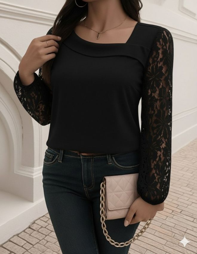 Janes Черна Елегантна Блуза С Флорални Мотиви И Правоъгълно Деколте Дрехи на едро Небрежен