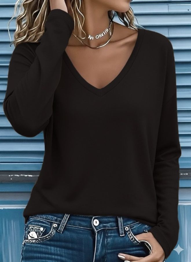 Janes Черна Блуза С V образно Деколте И Дълги Ръкави Дрехи на едро Небрежен