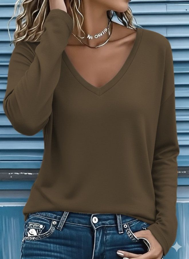 Janes Елегантна Кафява Блуза С V образно Деколте Дрехи на едро Небрежен