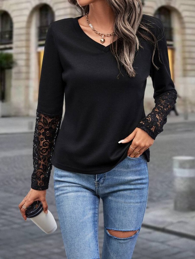Janes Черна Блуза С V образно Деколте И Дълги Ръкави Дрехи на едро Небрежен