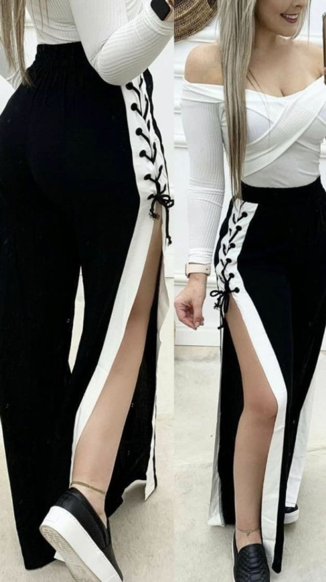 Janes Schwarze Colorblock Sexy Hose Mit Bindegürtel Hoher Taille Und Schlitz Großhandelskleidung Lässig