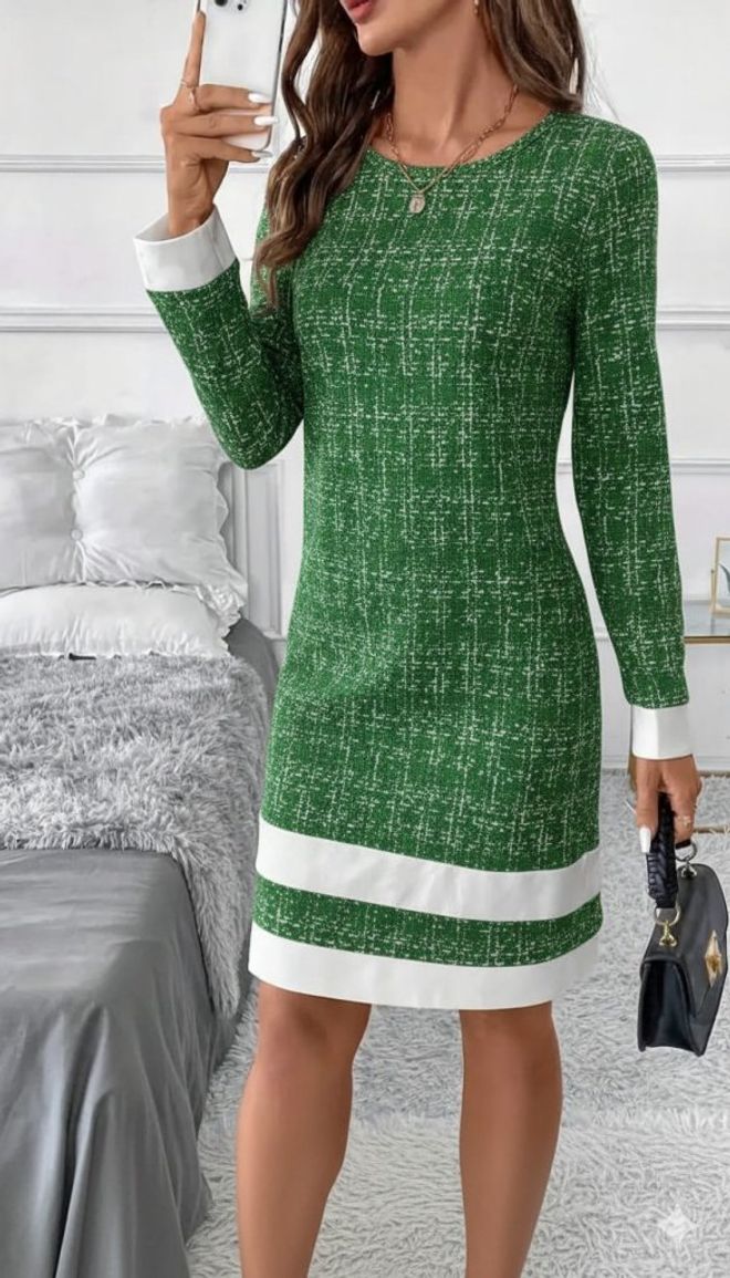 Janes Elegantes Grünes Etuikleid Mit Kariertem Muster Großhandelskleidung Modest