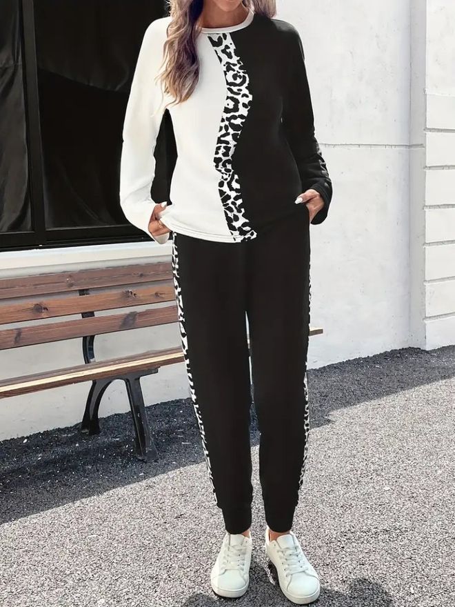 Janes Set Negru Casual Sport Cu Animal Print Și Color Block Îmbrăcăminte cu ridicata Casual