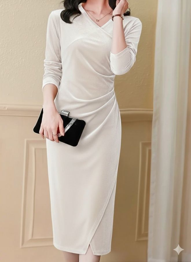 Janes Elegante Vestido Envolvente Beige Con Cuello En V Ropa al por mayor Modesto