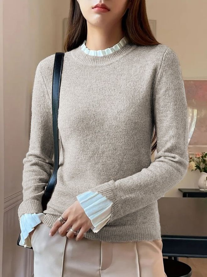 Janes بلوزة اللون البيج برقبة مستديرة وأكمام طويلة ملابس بالجملة محتشم