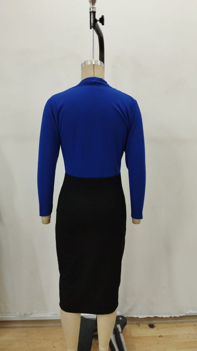 Janes Blauwe Kokerjurk Met V hals En Lange Mouwen Groothandel Kleding 5