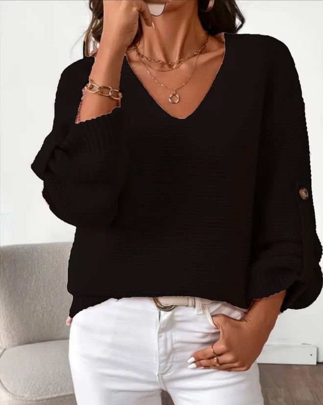 Janes Siyah Gündelik Zarif V Yaka Ve Bol Kalıp Bluz Toptan Giyim Gündelik