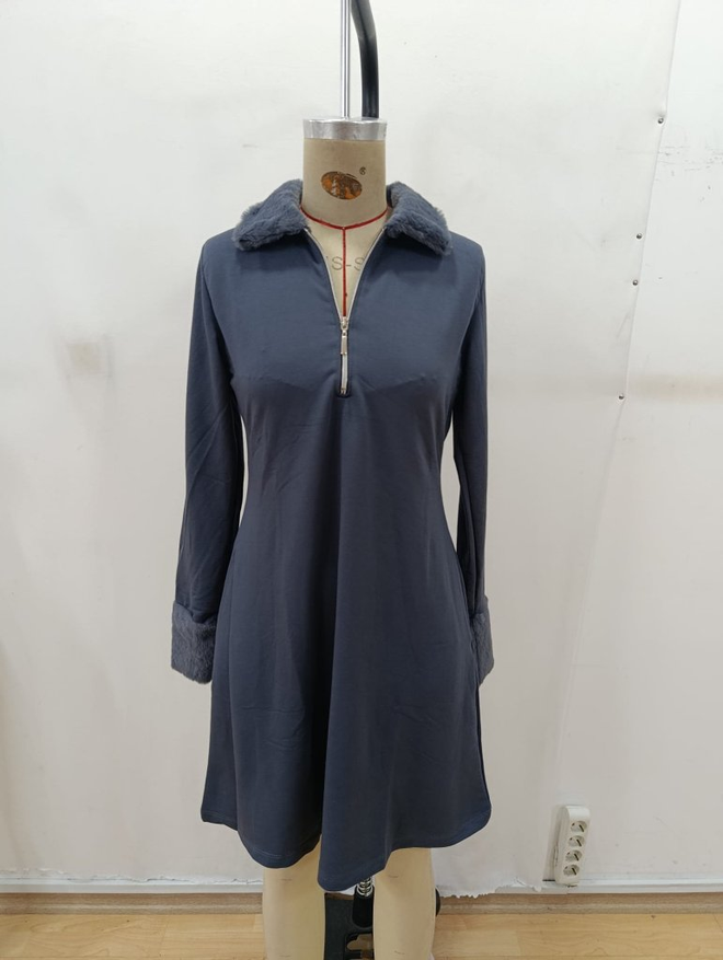 Janes فستان أزرق داكن بأكمام طويلة وياقة على شكل V بطول ميني وقصة على شكل A ملابس بالجملة الخريف