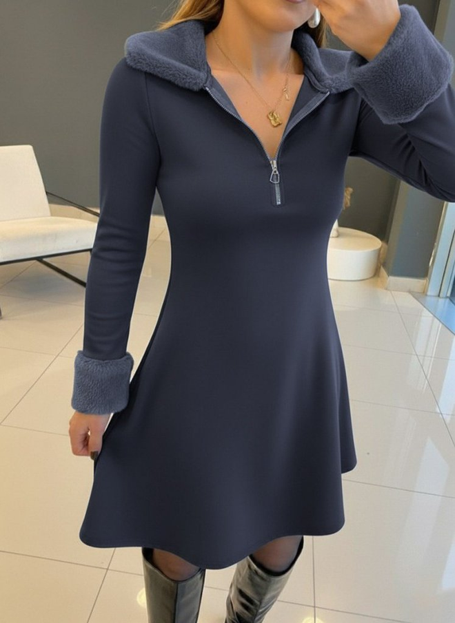 Janes فستان أزرق داكن بأكمام طويلة وياقة على شكل V بطول ميني وقصة على شكل A ملابس بالجملة 1