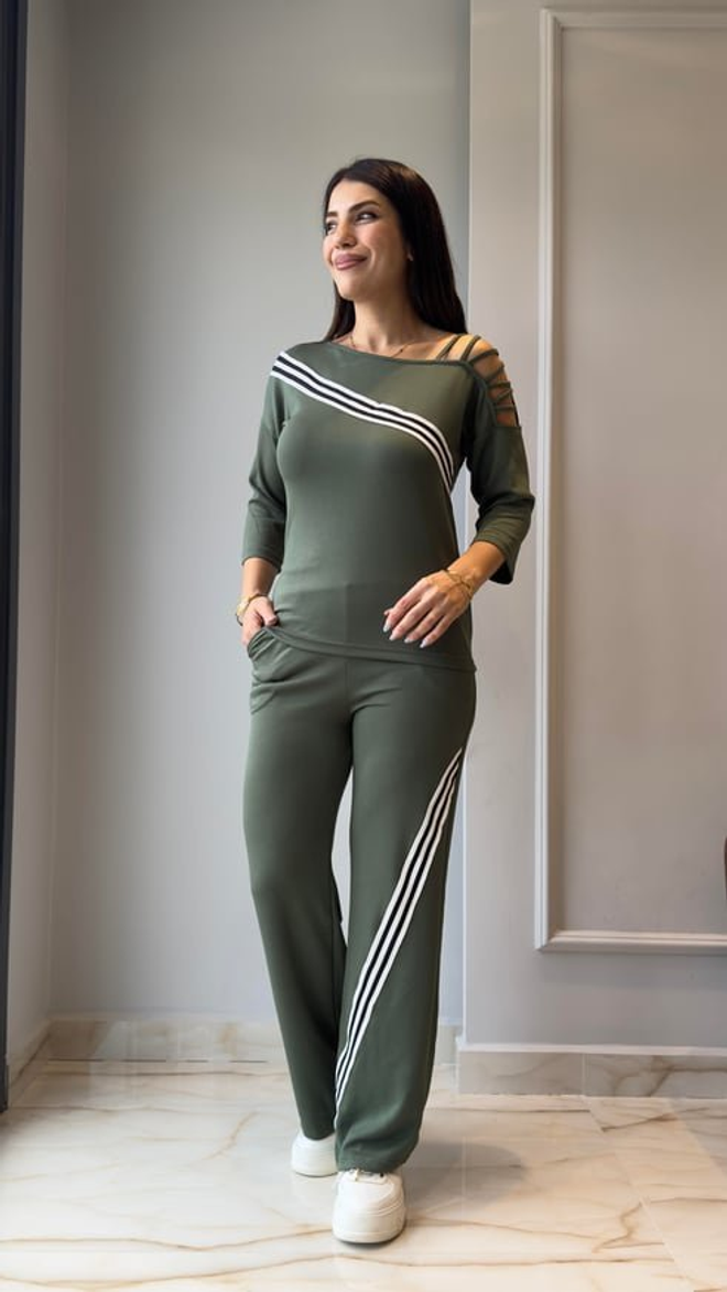 Janes Yeşil Günlük Spor Seti Çizgili Palazzo Pantolonlu Toptan Giyim Gündelik