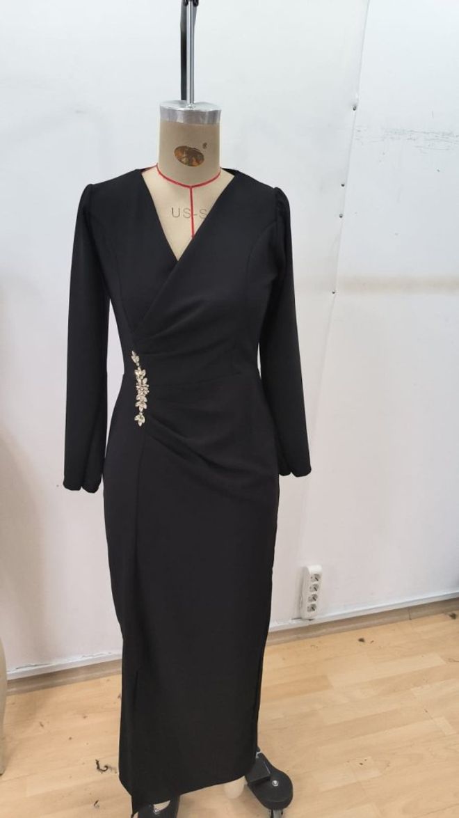 Janes Vestido Preto Elegante Tipo Bainha Com Decote Em V E Mangas Compridas Roupas por atacado Glamoroso