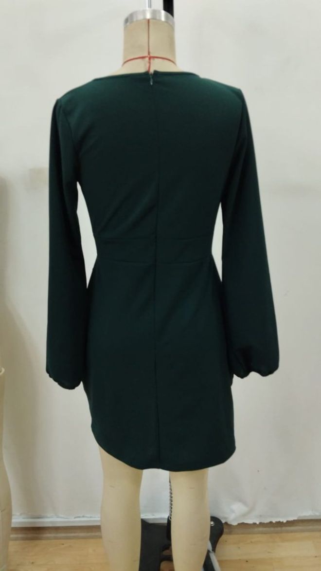 Janes Vestido Verde Elegante Tipo Wrap Com Decote Em V E Mangas Longas De Balão Roupas por atacado Formal