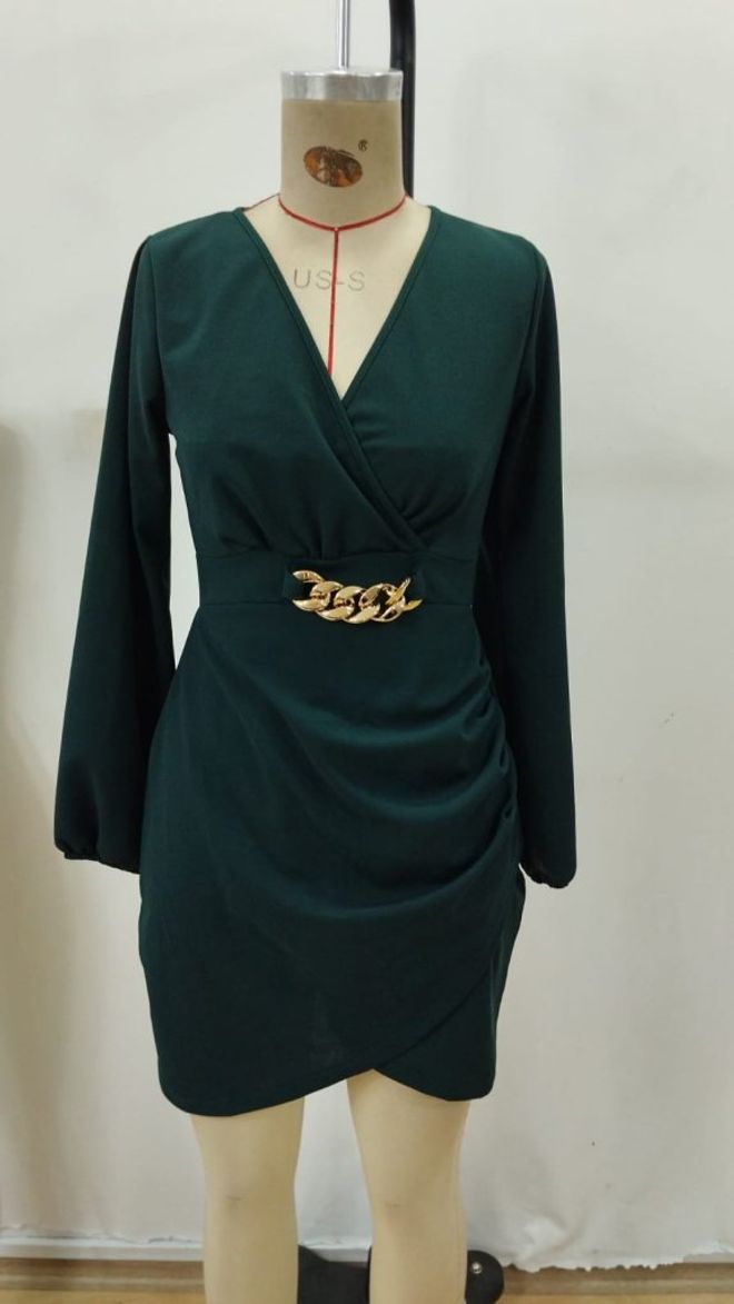 Janes Vestido Verde Elegante Tipo Wrap Com Decote Em V E Mangas Longas De Balão Roupas por atacado Primavera