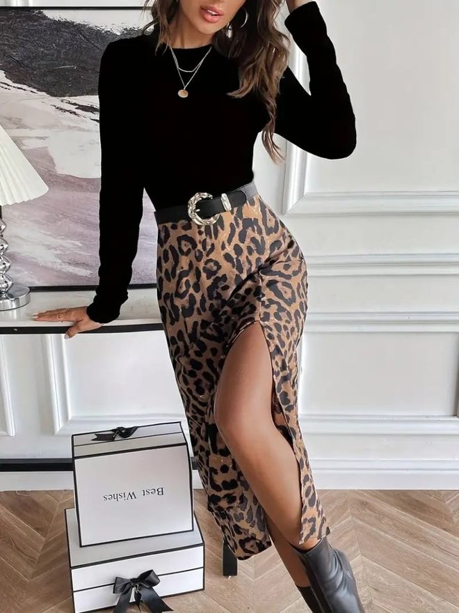 Janes Schwarzes Kleid Mit Leopardenmuster Fit Und Flare Großhandelskleidung Lässig