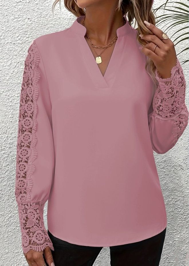 Janes Zarif Pembe Bluz Çentikli Yaka Ve Uzun Kollu Toptan Giyim Tesettür