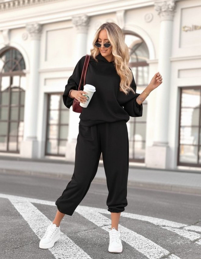 Janes Siyah Gündelik Spor Bol Kalıp Jogger Set Toptan Giyim Gündelik