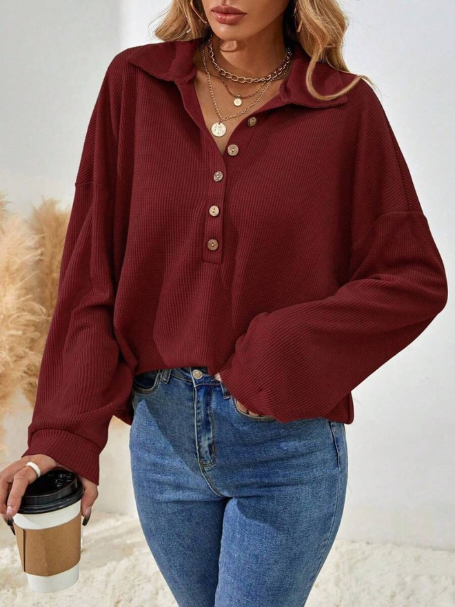 Janes Bordo Oversized Polo Yaka Bluz Toptan Giyim Tesettür