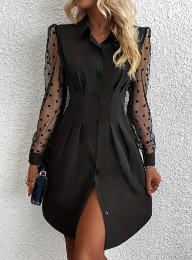 Janes Siyah Puantiyeli Mini Gömlek Elbise Uzun Kollu Toptan Giyim Seksi
