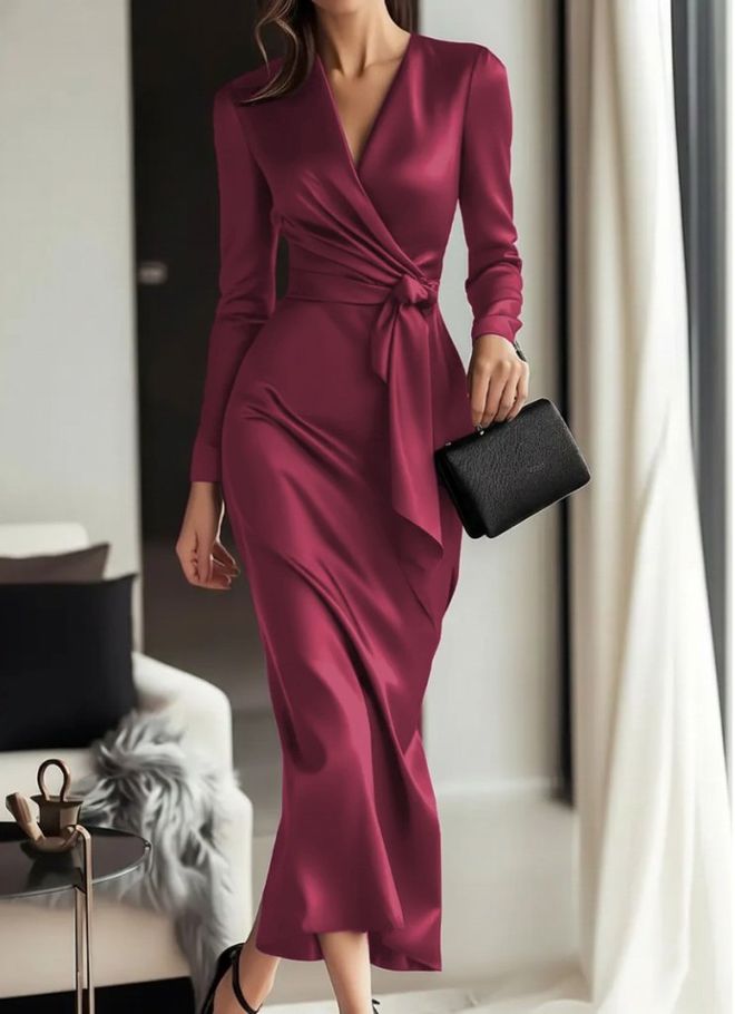 Janes Bordo Wrap Elbise V Yaka Ve Uzun Kollu Toptan Giyim Seksi