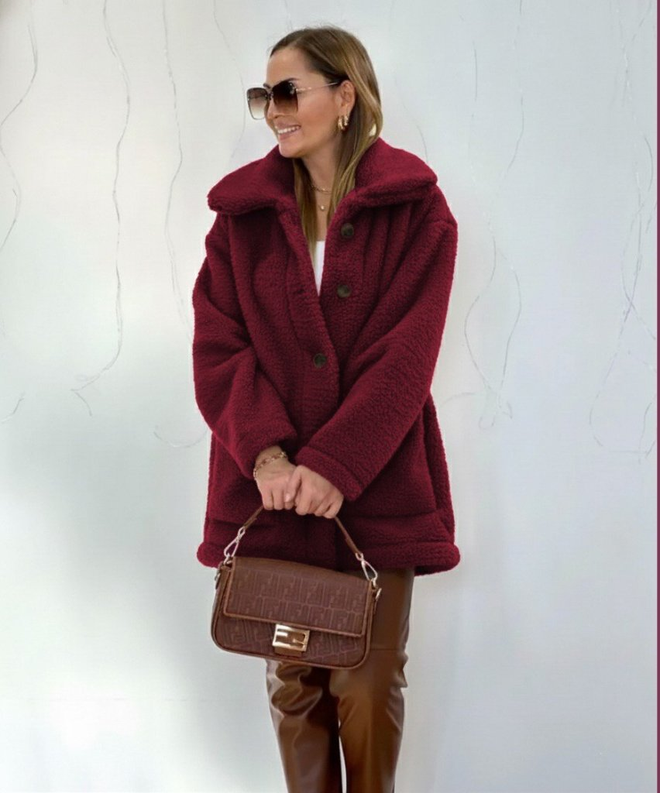 Janes Bordo Peluş Kaban Klasik Yakalı Toptan Giyim Gündelik